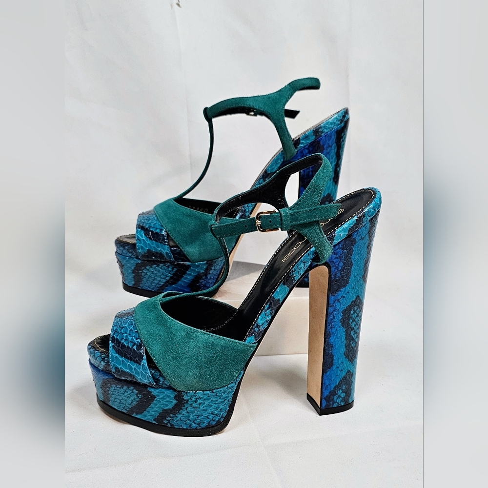 Sergio Rossi Elaphe Blue/Green Suede and Python Leather Platform Size US 5.5 - Picture 7 of 16